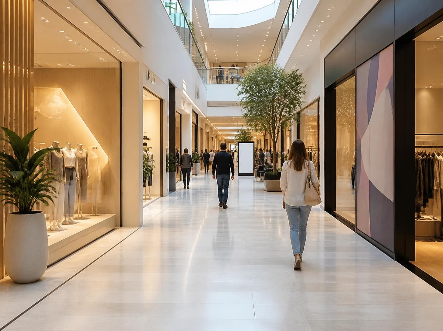 Clean, bright interior corridor of a shopping centre with polished flooring